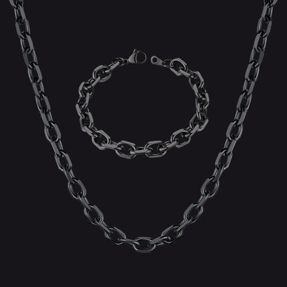 9MM Rolo Link Chain Necklace and Bracelet Set in Black for Men