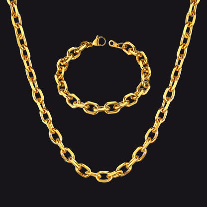 9MM Rolo Link Chain Necklace and Bracelet Set in Gold for Men
