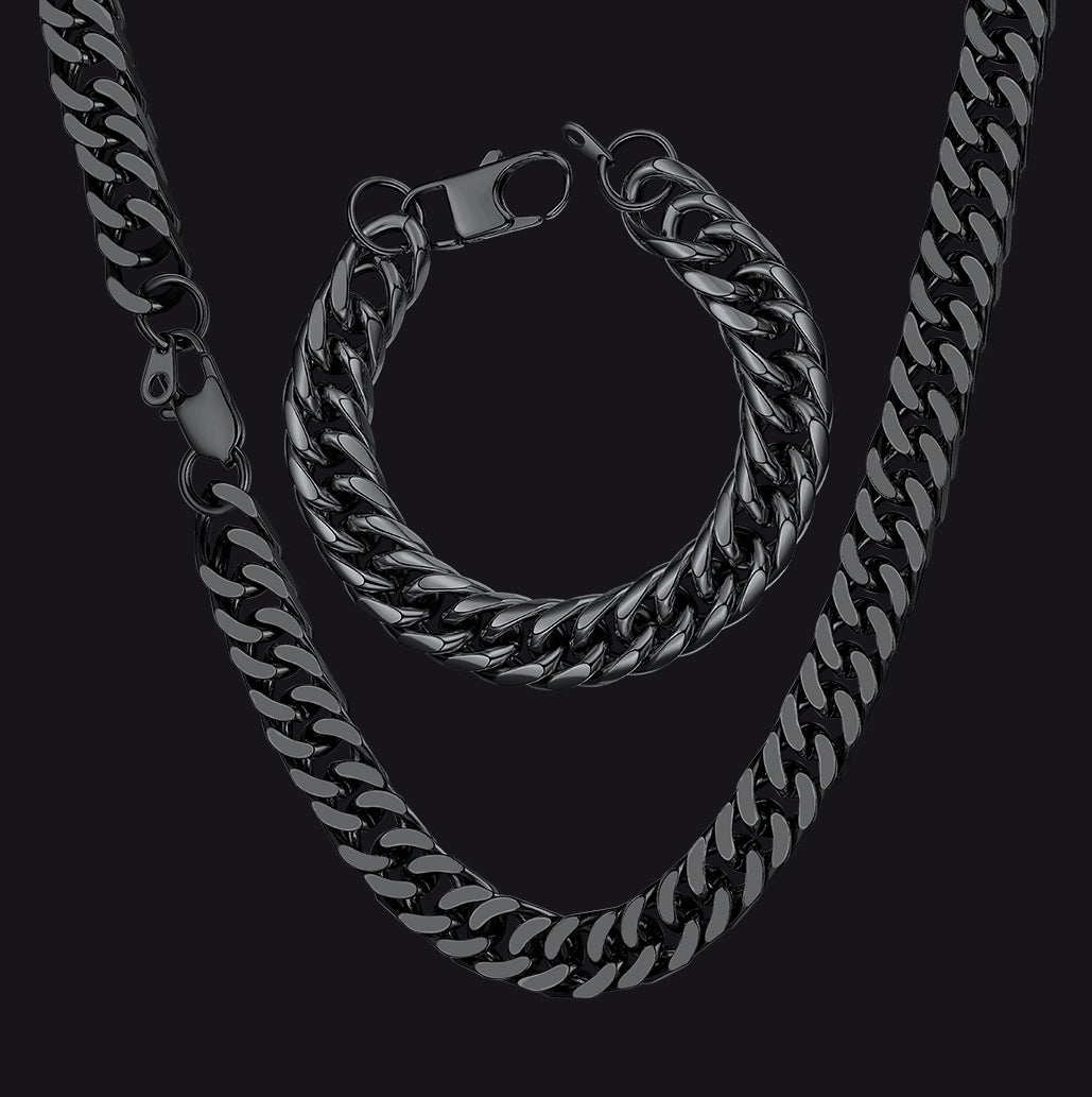Black Bold Cuban Link Chain & Bracelet Set for Men,  Father's Day Gift