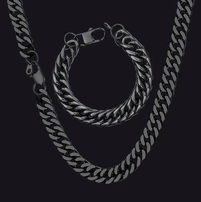Black Bold Cuban Link Chain & Bracelet Set for Men,  Father's Day Gift