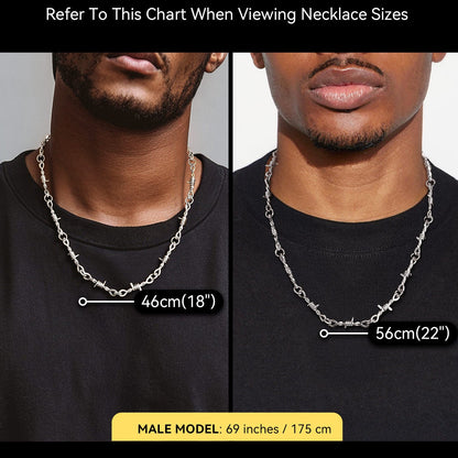 Necklace size guide showing measurements on a male model with text indicating necklace length and width.