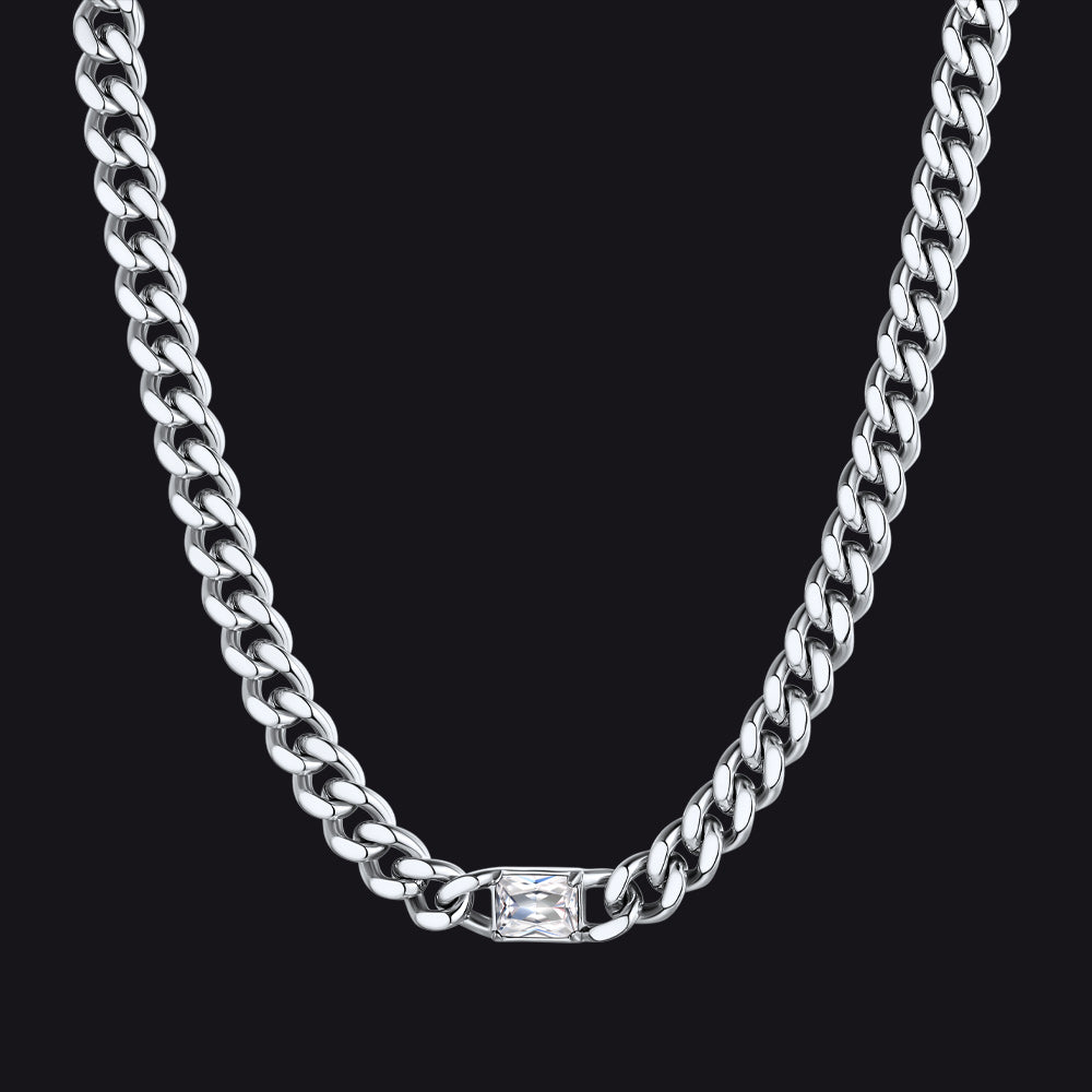 Steel / Diamond 7mm CZ Birthstone Cuban Link Choker Necklace 16 inch