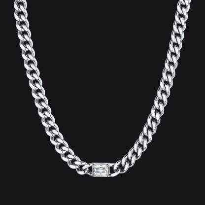 Steel / Diamond 7mm CZ Birthstone Cuban Link Choker Necklace 16 inch