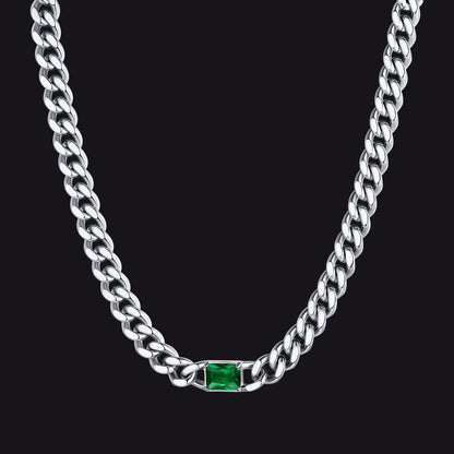 Steel / Emerald 7mm CZ Birthstone Cuban Link Choker Necklace 16 inch