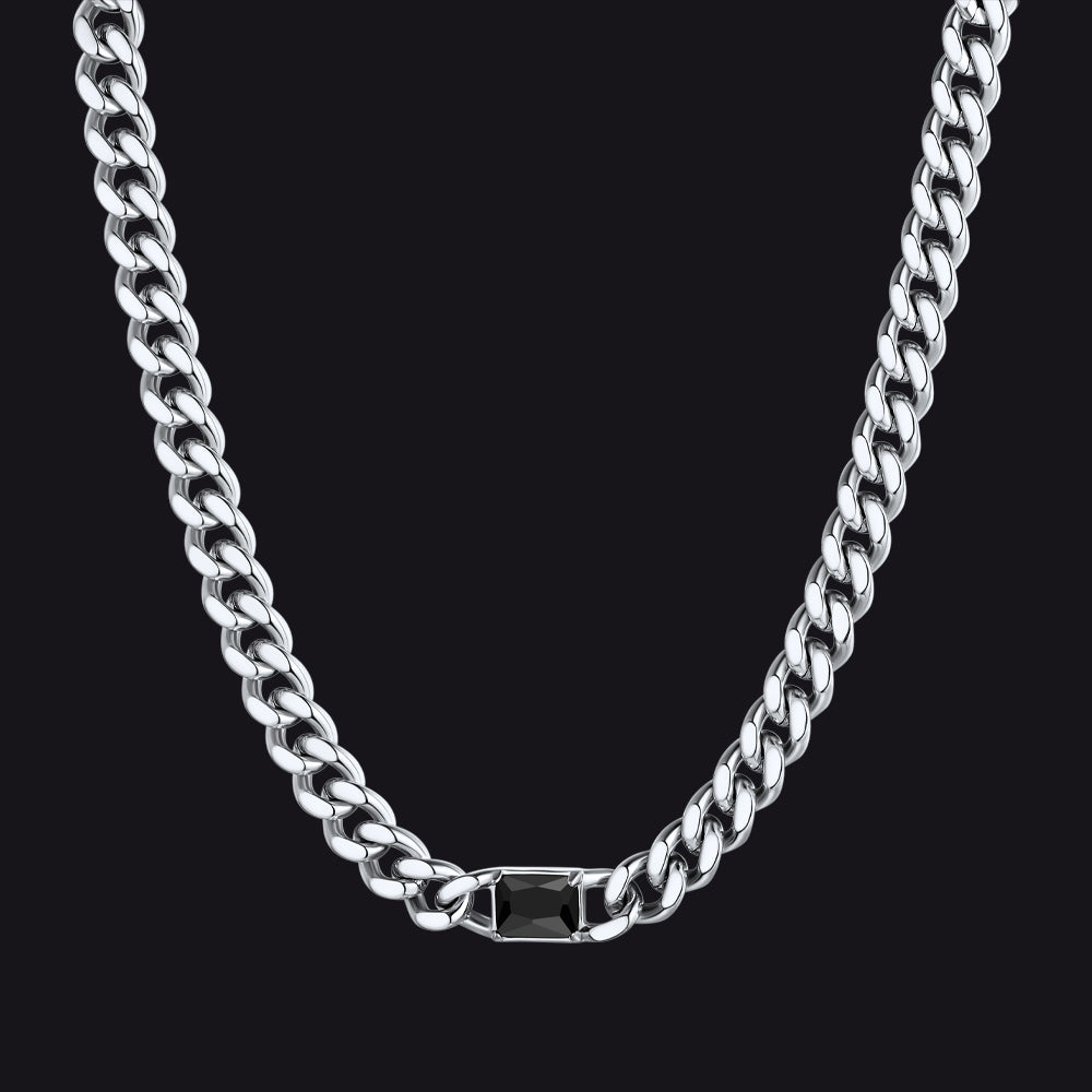 Steel / Black Onyx 7mm CZ Birthstone Cuban Link Choker Necklace 16 inch