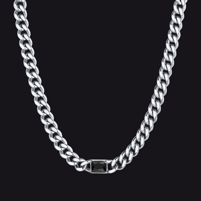 Steel / Black Onyx 7mm CZ Birthstone Cuban Link Choker Necklace 16 inch