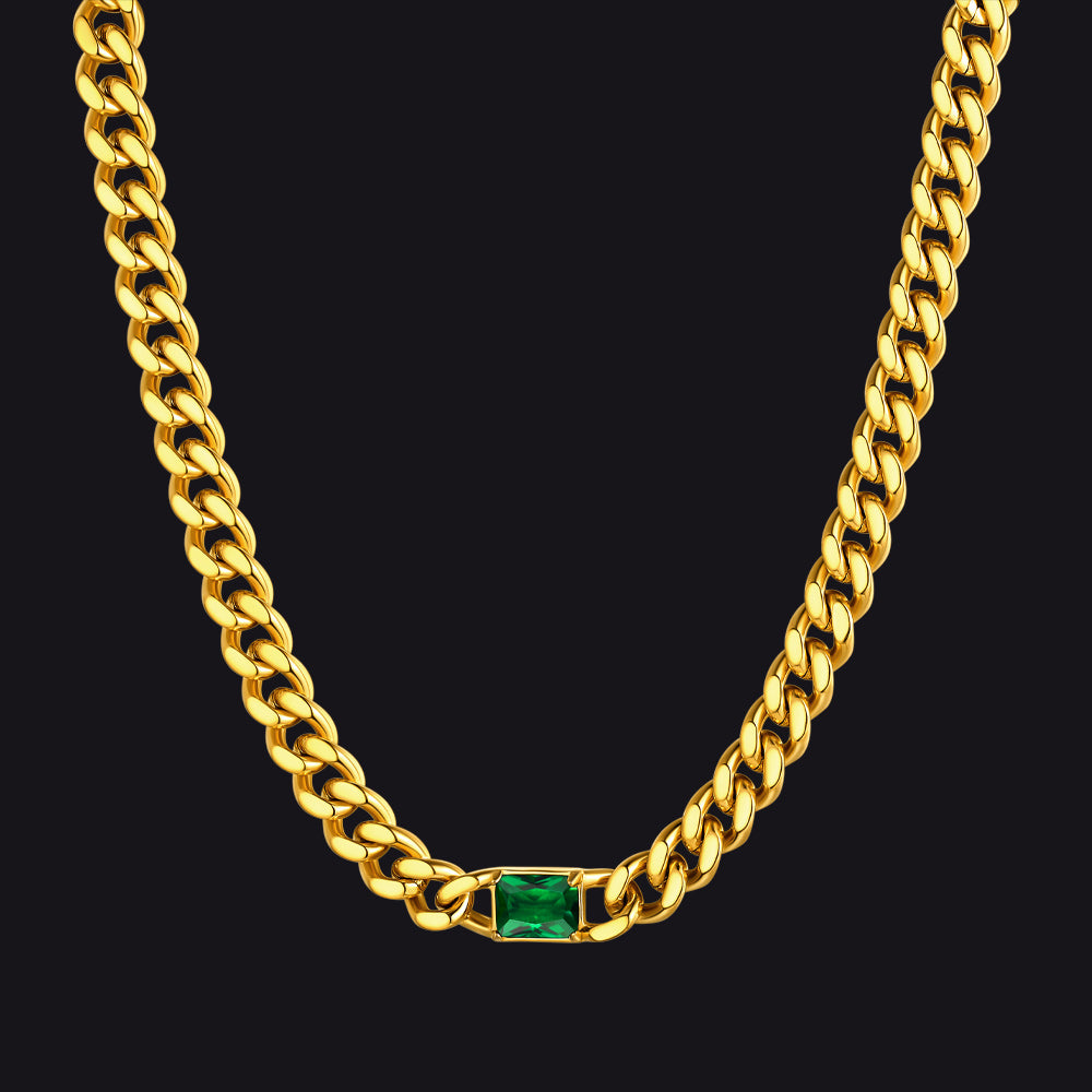 Gold / Emerald 7mm CZ Birthstone Cuban Link Choker Necklace 16 inch