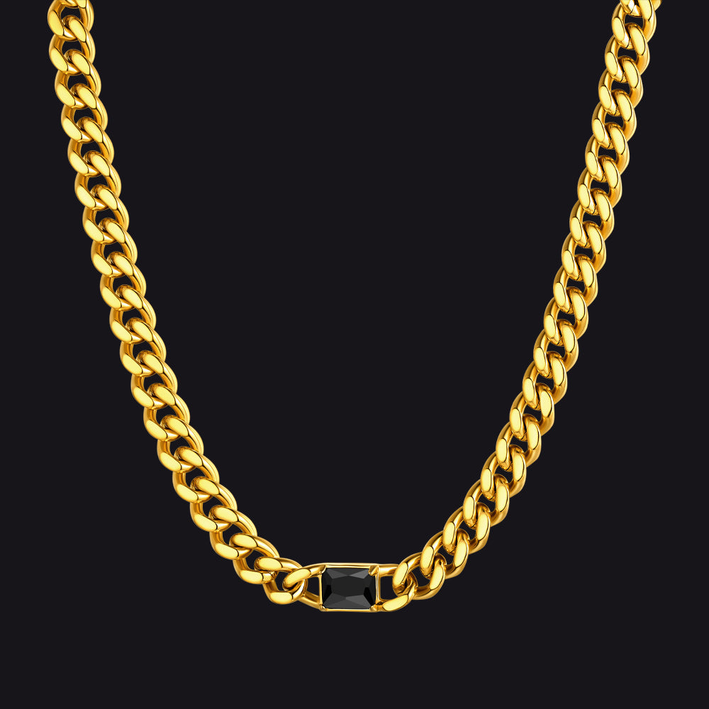 Gold / Black Onyx 7mm CZ Birthstone Cuban Link Choker Necklace 16 inch