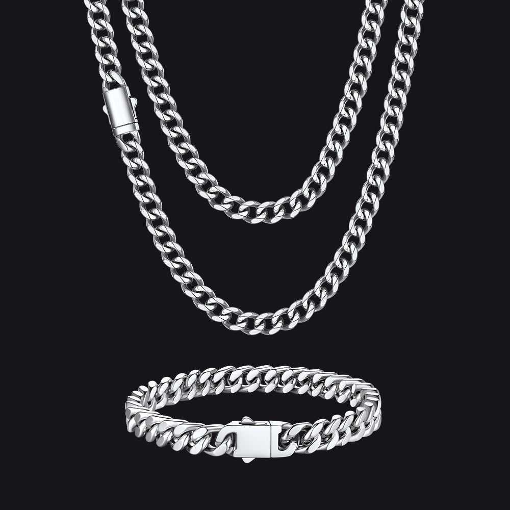 Engraved Cuban Chain & Bracelet Jewelry Set for Men