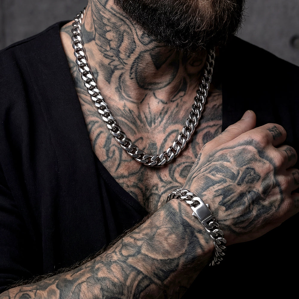 Engraved Cuban Chain & Bracelet Jewelry Set for Men, 7/9/12MM