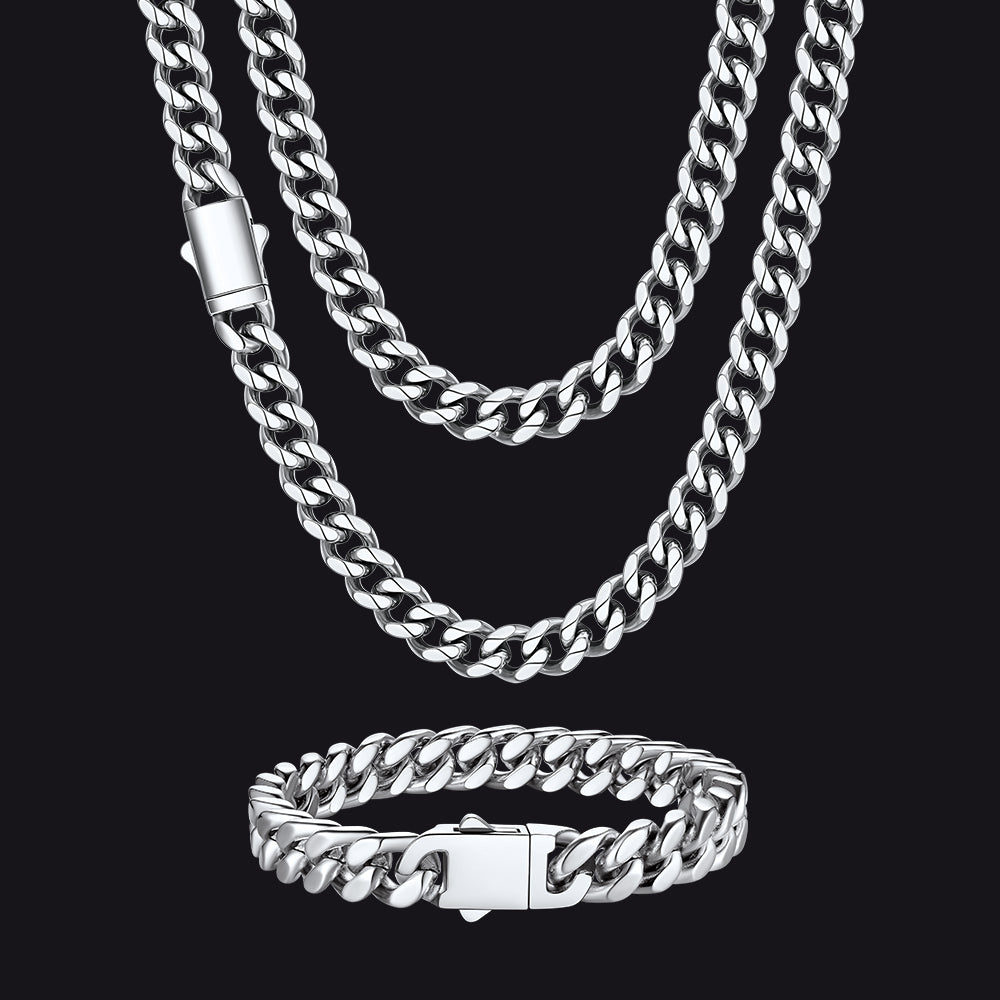 Engraved Cuban Chain & Bracelet Jewelry Set for Men