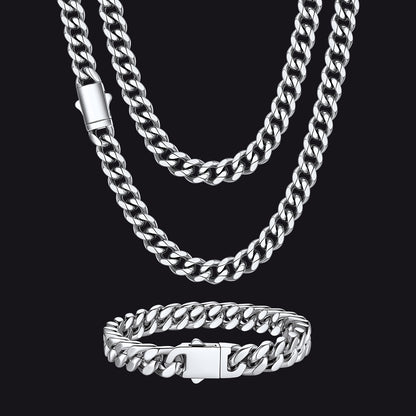 Engraved Cuban Chain & Bracelet Jewelry Set for Men
