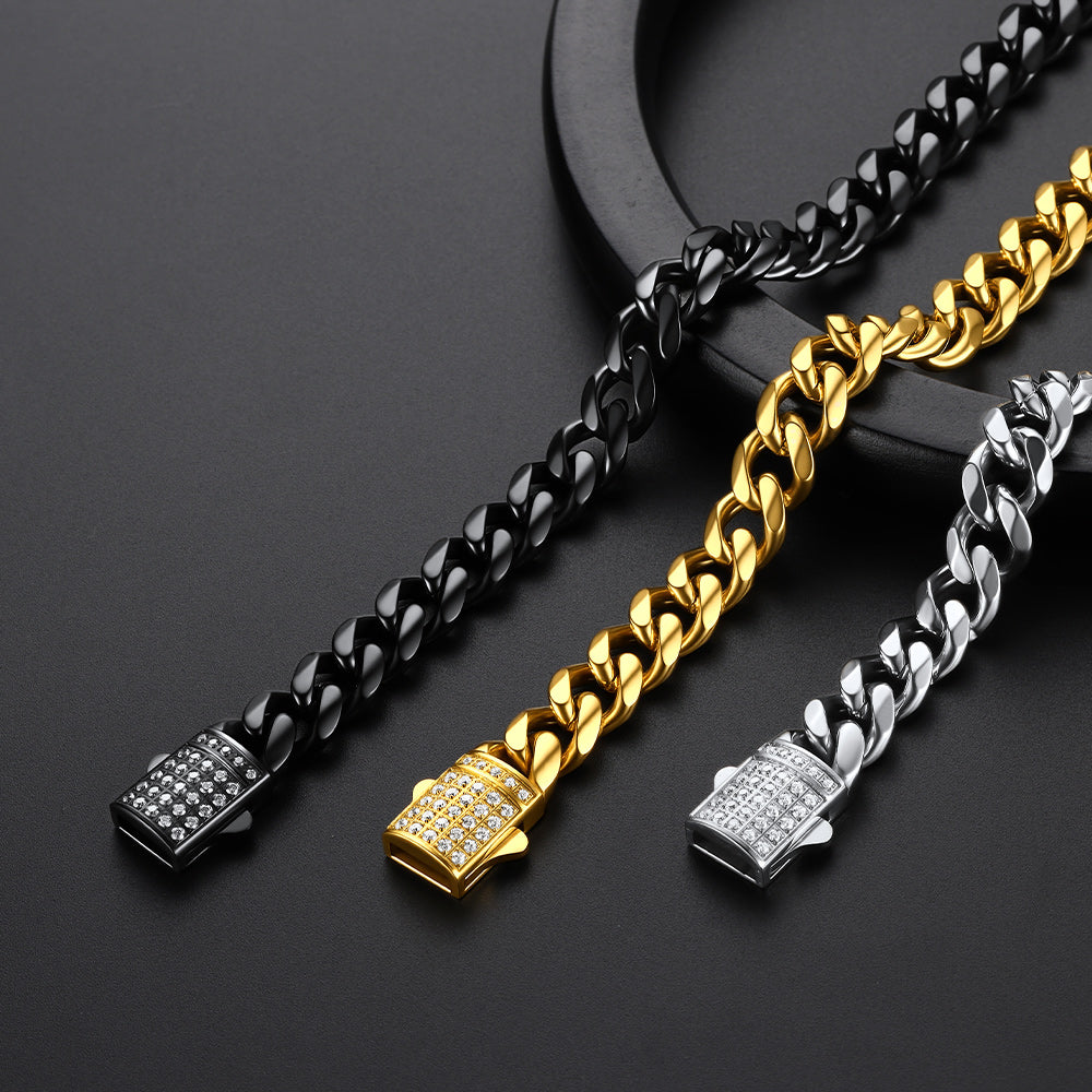  CZ Clasp Cuban Chain Necklace  for Men in Different Colors, Father, boyfriend, Hip Hop Jewelry 6/9/12mm Width