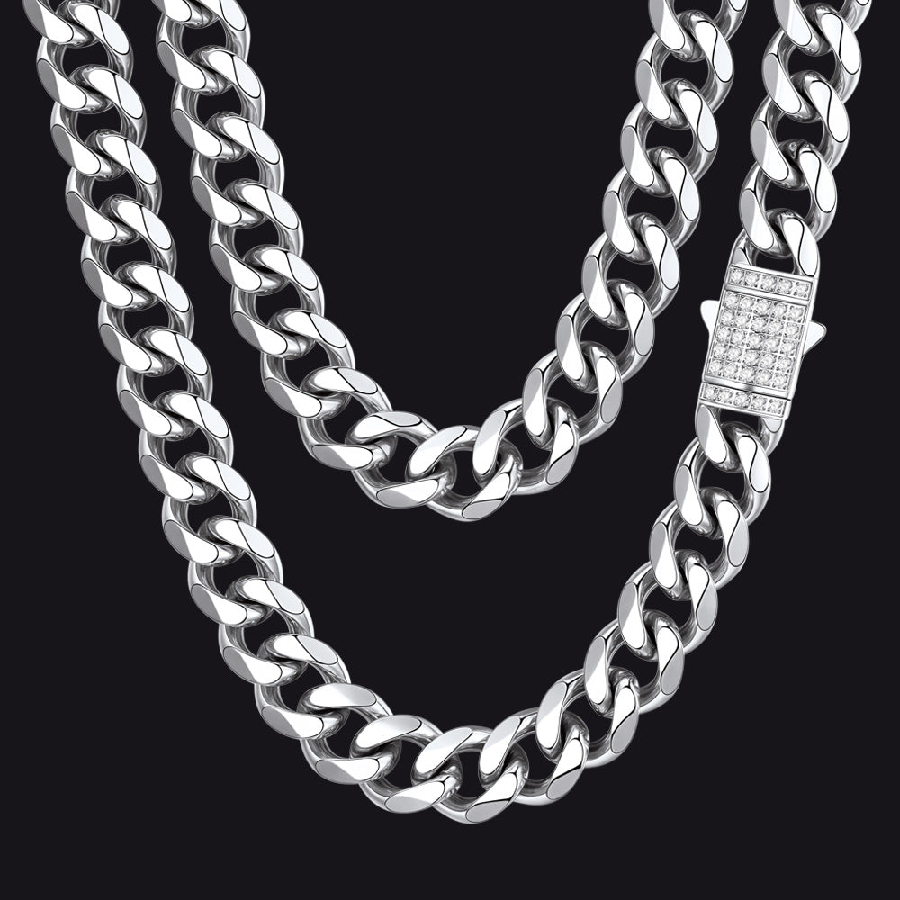 Steel / 12mm / 30 inch CZ Clasp Cuban Chain Necklace for Men