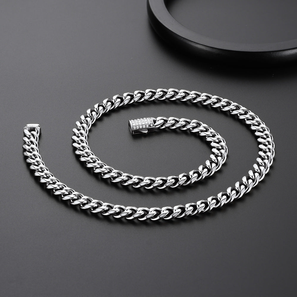 Steel CZ Clasp Cuban Chain Necklace for Men. 6/9/12mm width