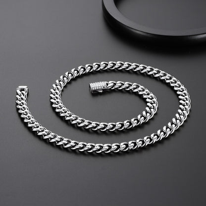 Steel CZ Clasp Cuban Chain Necklace for Men. 6/9/12mm width