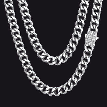 Steel / 9mm / 30 inch CZ Clasp Cuban Chain Necklace for Men