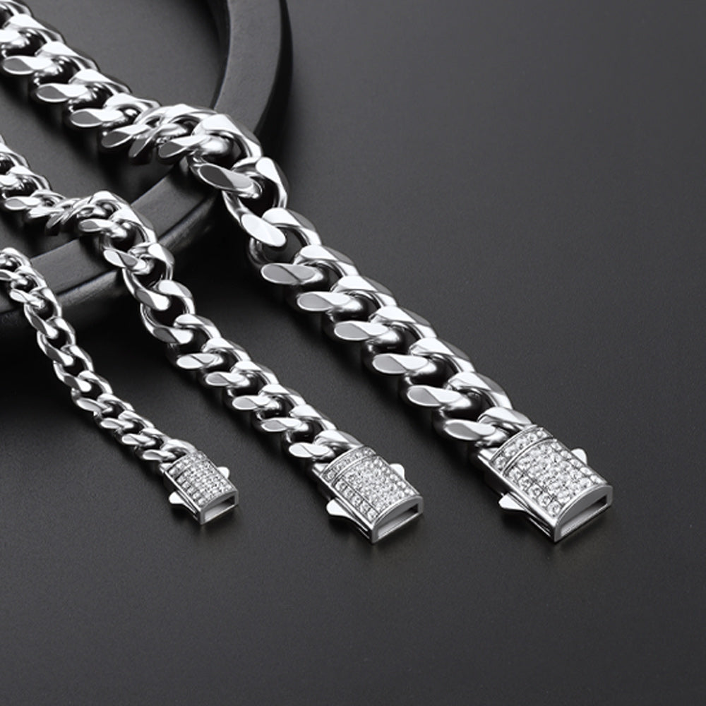 Silver CZ Clasp Cuban Chain Necklace for Men. 6/9/12mm width