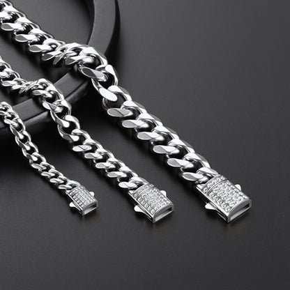 Silver CZ Clasp Cuban Chain Necklace for Men. 6/9/12mm width