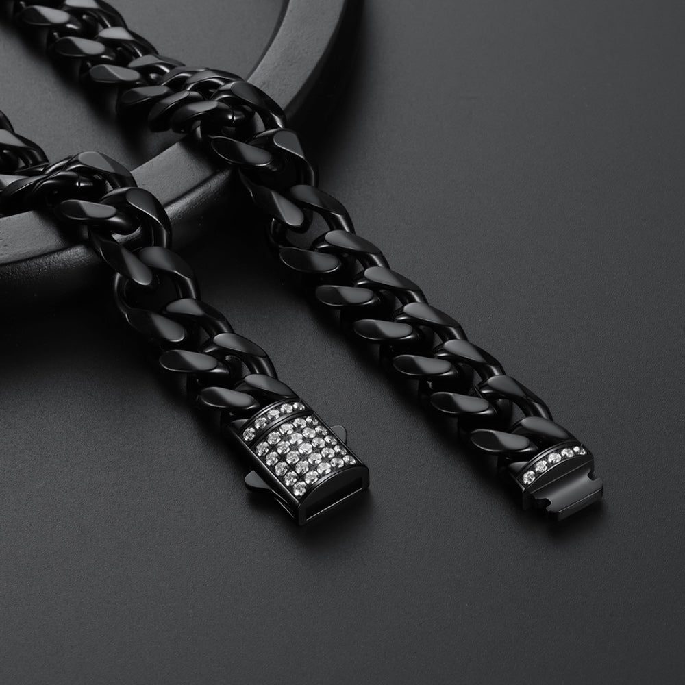 Black CZ Clasp Cuban Chain Necklace for Men. 6/9/12mm width