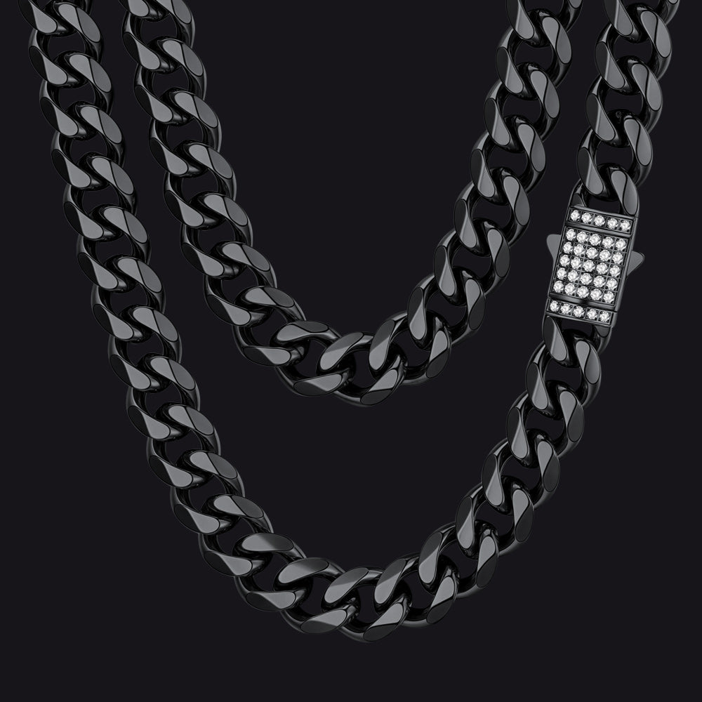 Black / 12mm / 30 inch CZ Clasp Cuban Chain Necklace for Men