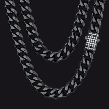 Black / 12mm / 30 inch CZ Clasp Cuban Chain Necklace for Men