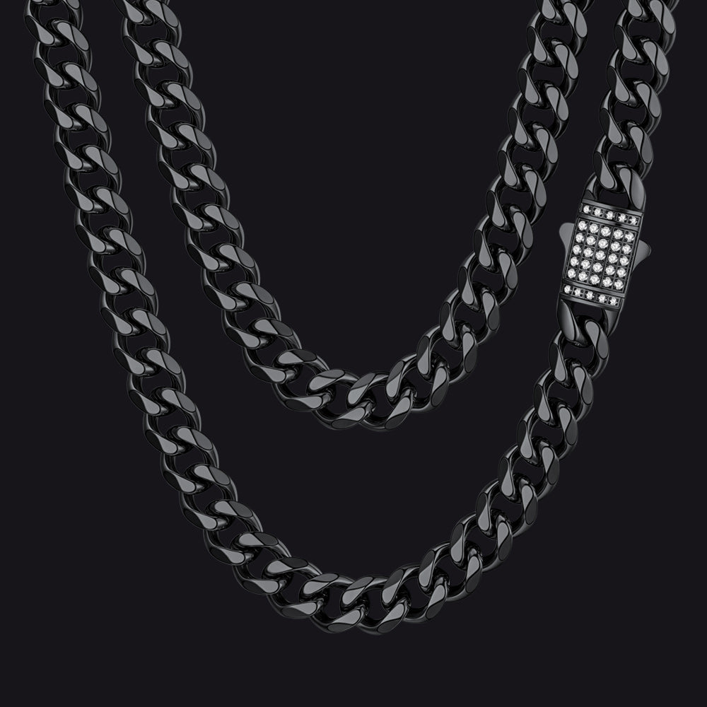 Black / 9mm / 30 inch CZ Clasp Cuban Chain Necklace