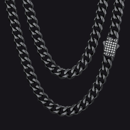 Black / 9mm / 30 inch CZ Clasp Cuban Chain Necklace
