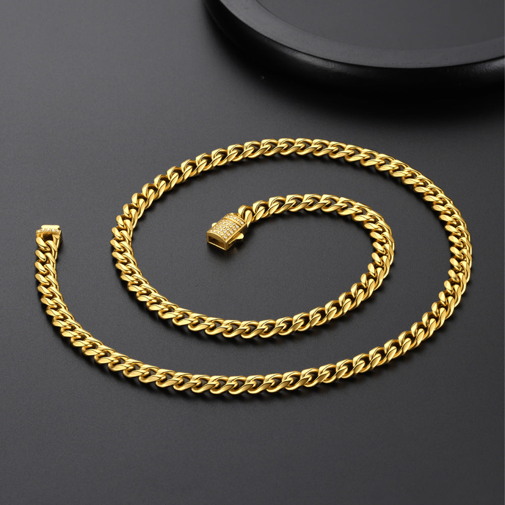 Gold CZ Clasp Cuban Chain Necklace for Men. 6/9/12mm width
