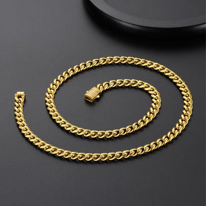 Gold CZ Clasp Cuban Chain Necklace for Men. 6/9/12mm width