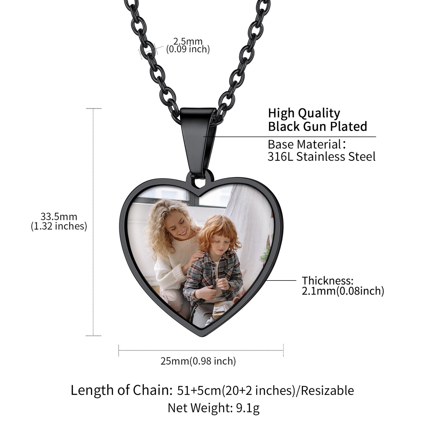 Heart Photo Necklace, black stainless steel, with photo