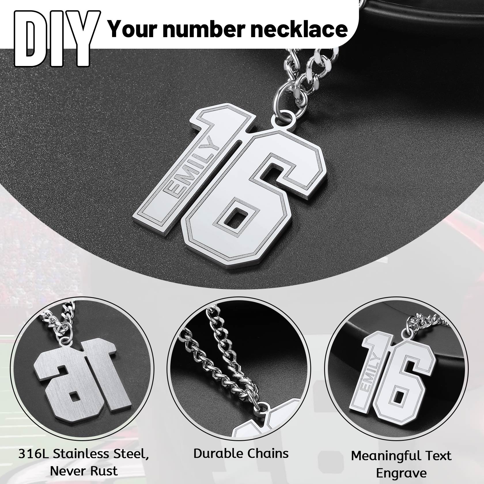  Custom Sports Jersey Number Necklace for Sport Fans, 316L Stainless Steel, Durable Chains, Meaningful Text