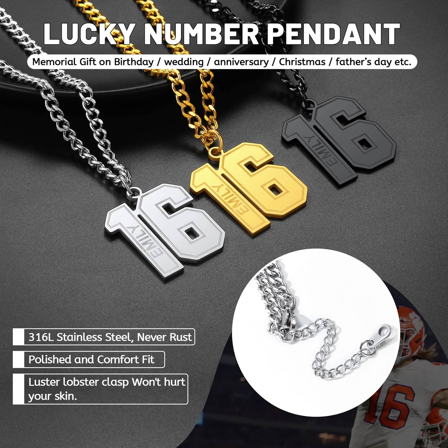  Custom Sports Jersey Number Necklace for Sport Fans in Different Colors