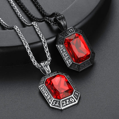 Engraved Gemstone Dog Tag Necklace with Viking Runes For Men