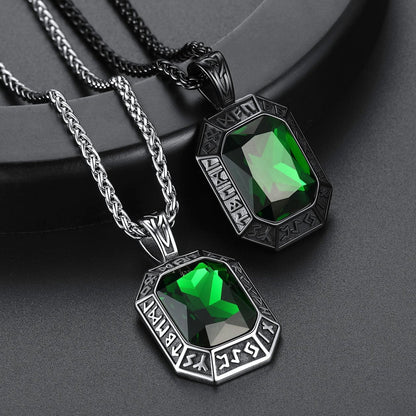 Engraved Gemstone Dog Tag Necklace with Viking Runes For Men