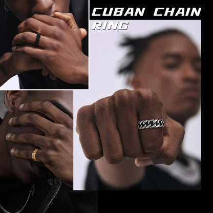 Male model wearing 7mm Cuban chain link band ring, bold unisex jewelry style