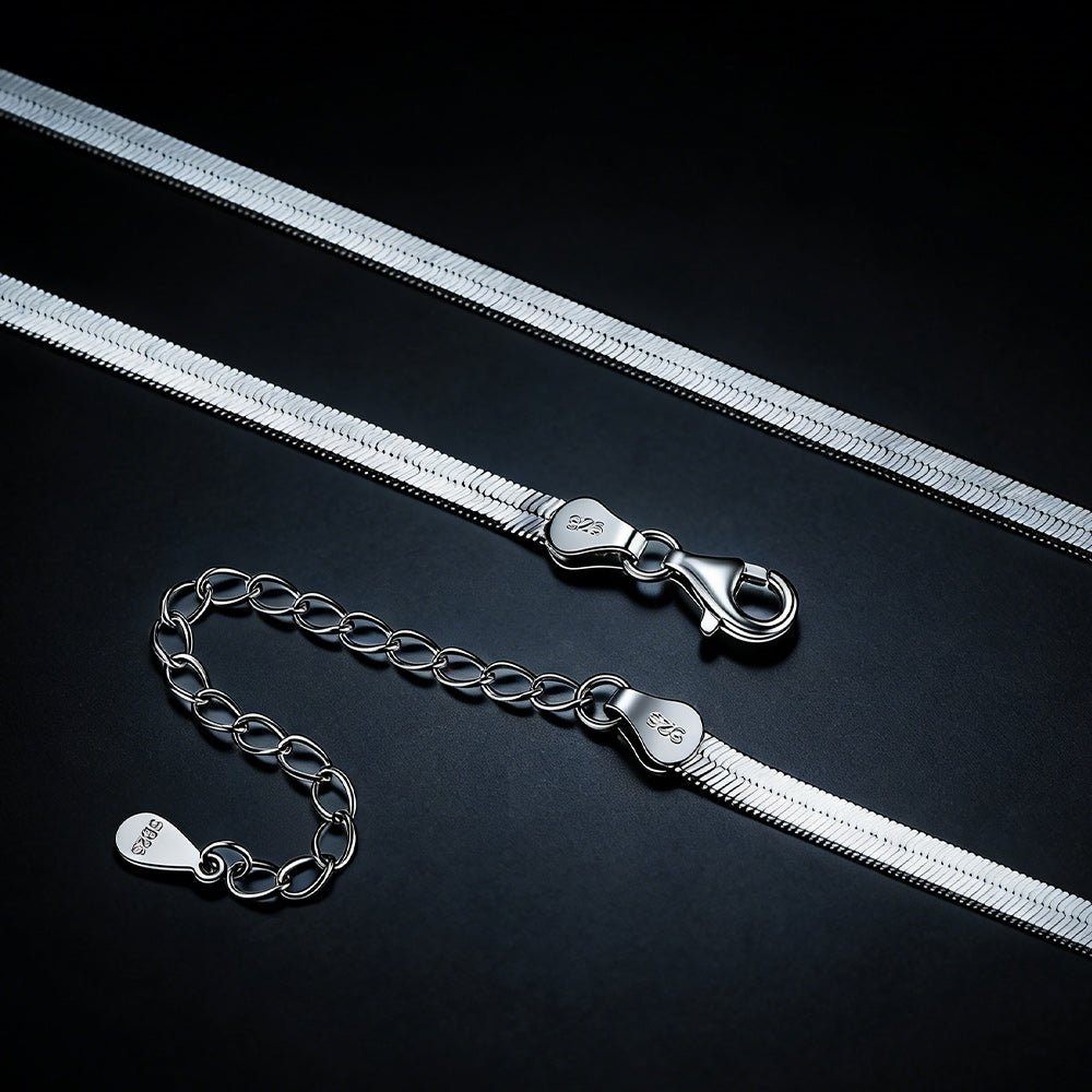 Silver chain necklace with clasp on a dark background