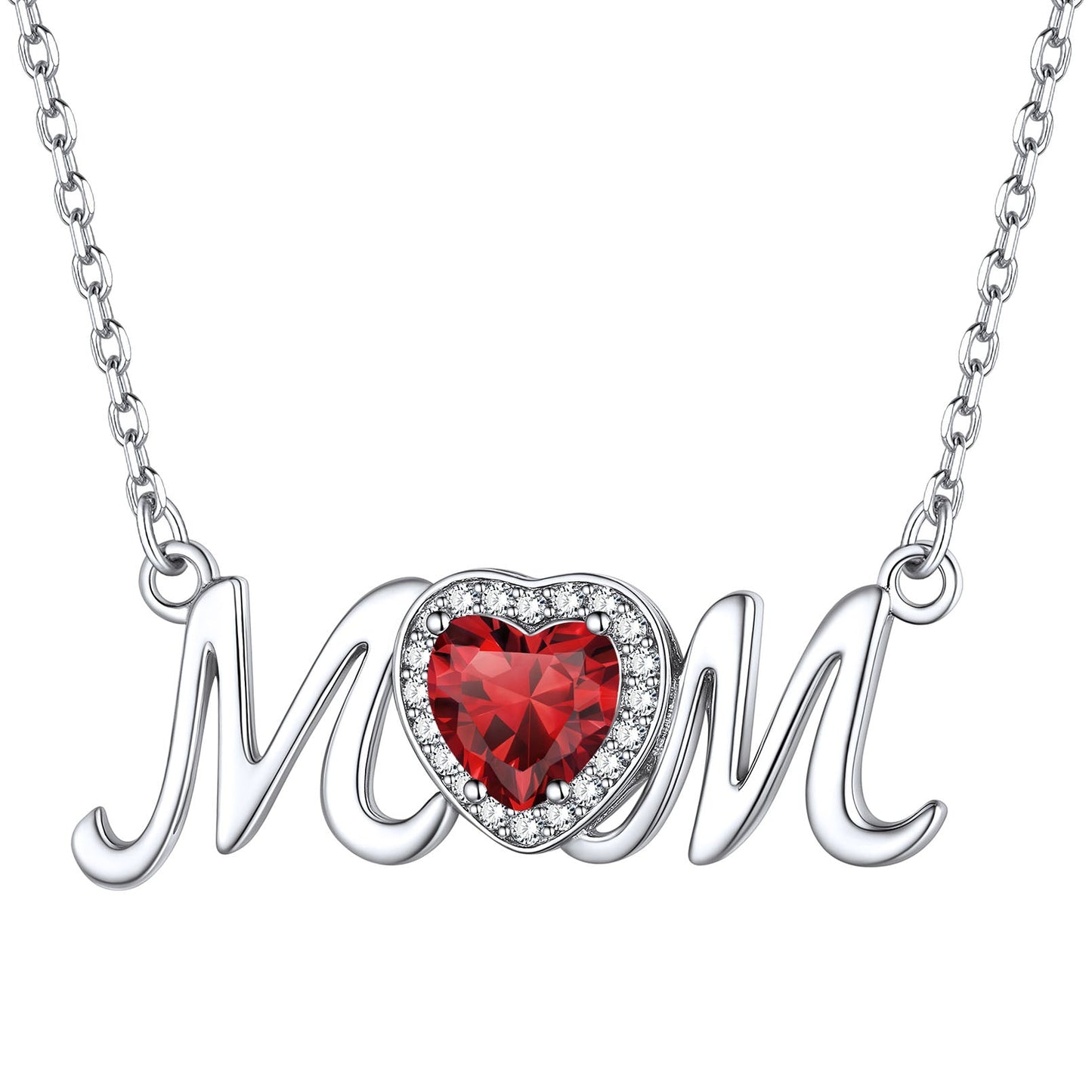 January Garnet Birthstone Mom Necklace - Sterling Silver Heart Pendant for Mothers