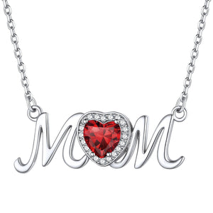 January Garnet Birthstone Mom Necklace - Sterling Silver Heart Pendant for Mothers