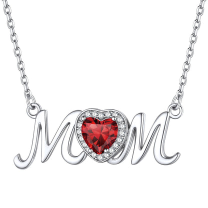January Garnet Birthstone Mom Necklace - Sterling Silver Heart Pendant for Mothers