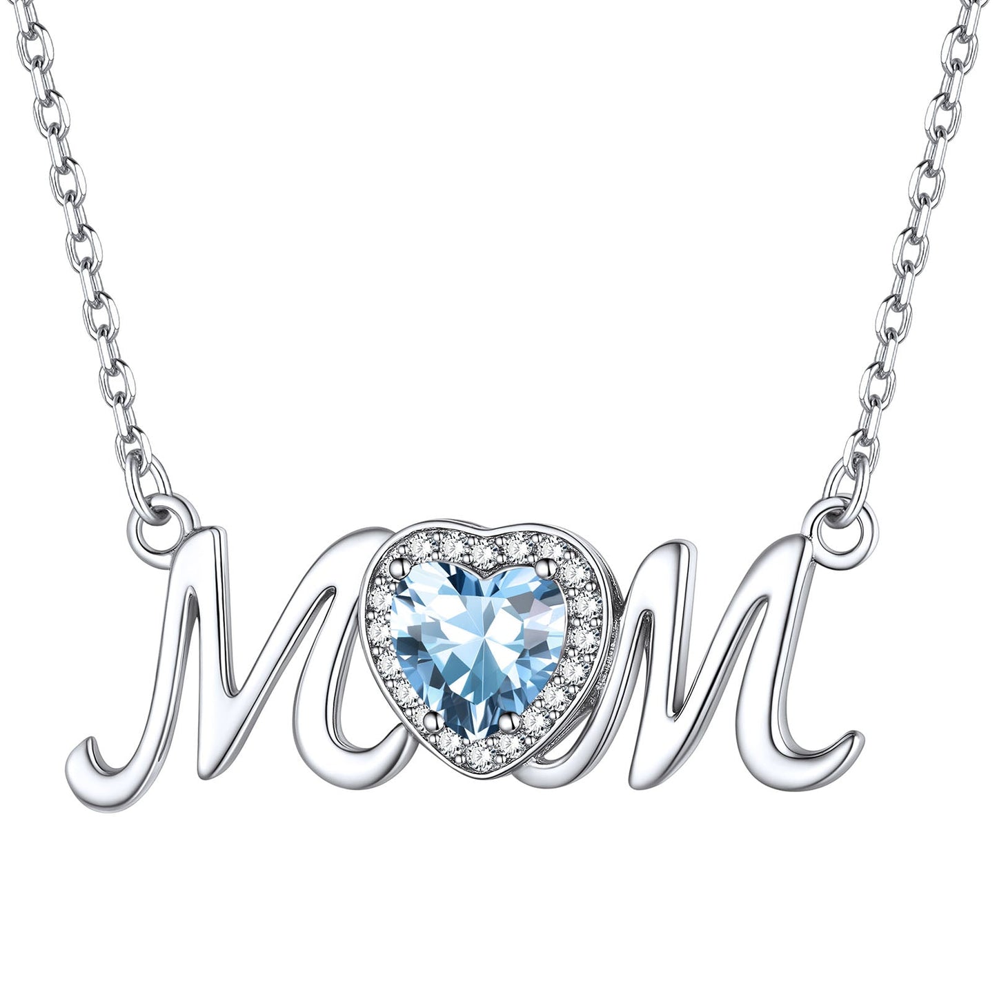 March Aquamarine Birthstone Mom Necklace - Elegant Sterling Silver Gift