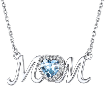 March Aquamarine Birthstone Mom Necklace - Elegant Sterling Silver Gift