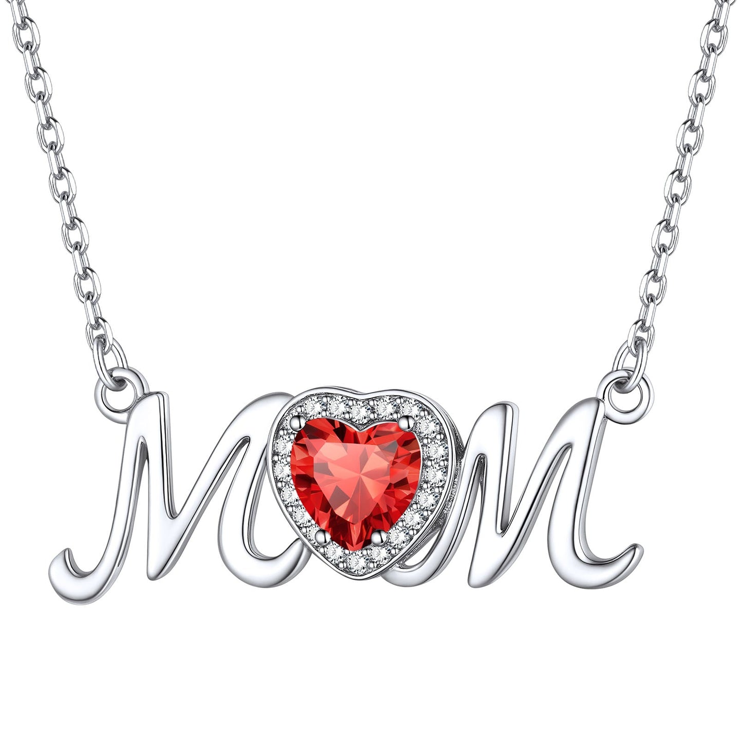 July Ruby Heart Mom Necklace - Sterling Silver Birthstone Gift for Mothers