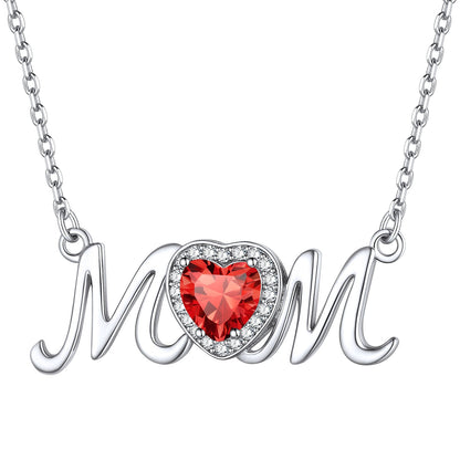 July Ruby Heart Mom Necklace - Sterling Silver Birthstone Gift for Mothers