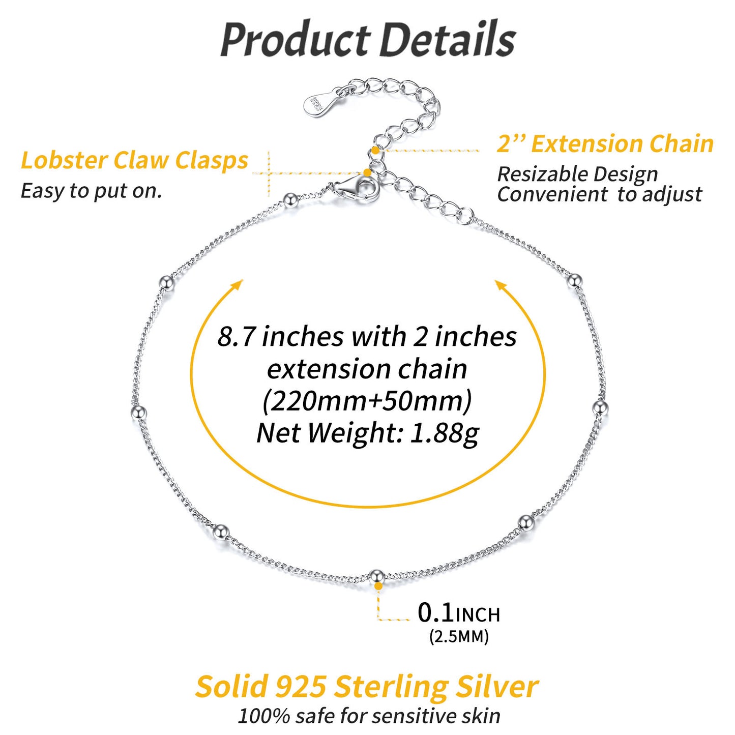 925 Sterling Silver Beaded Anklet for Women