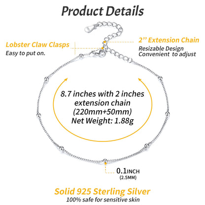 925 Sterling Silver Beaded Anklet for Women