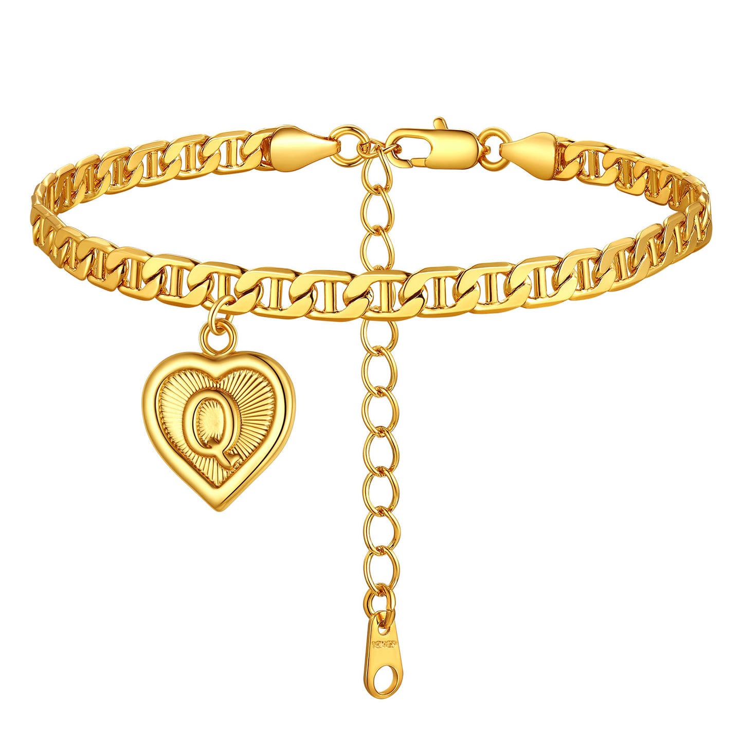 Q / Gold 18K Gold Plated Initial Heart Bracelet Anklet for Women