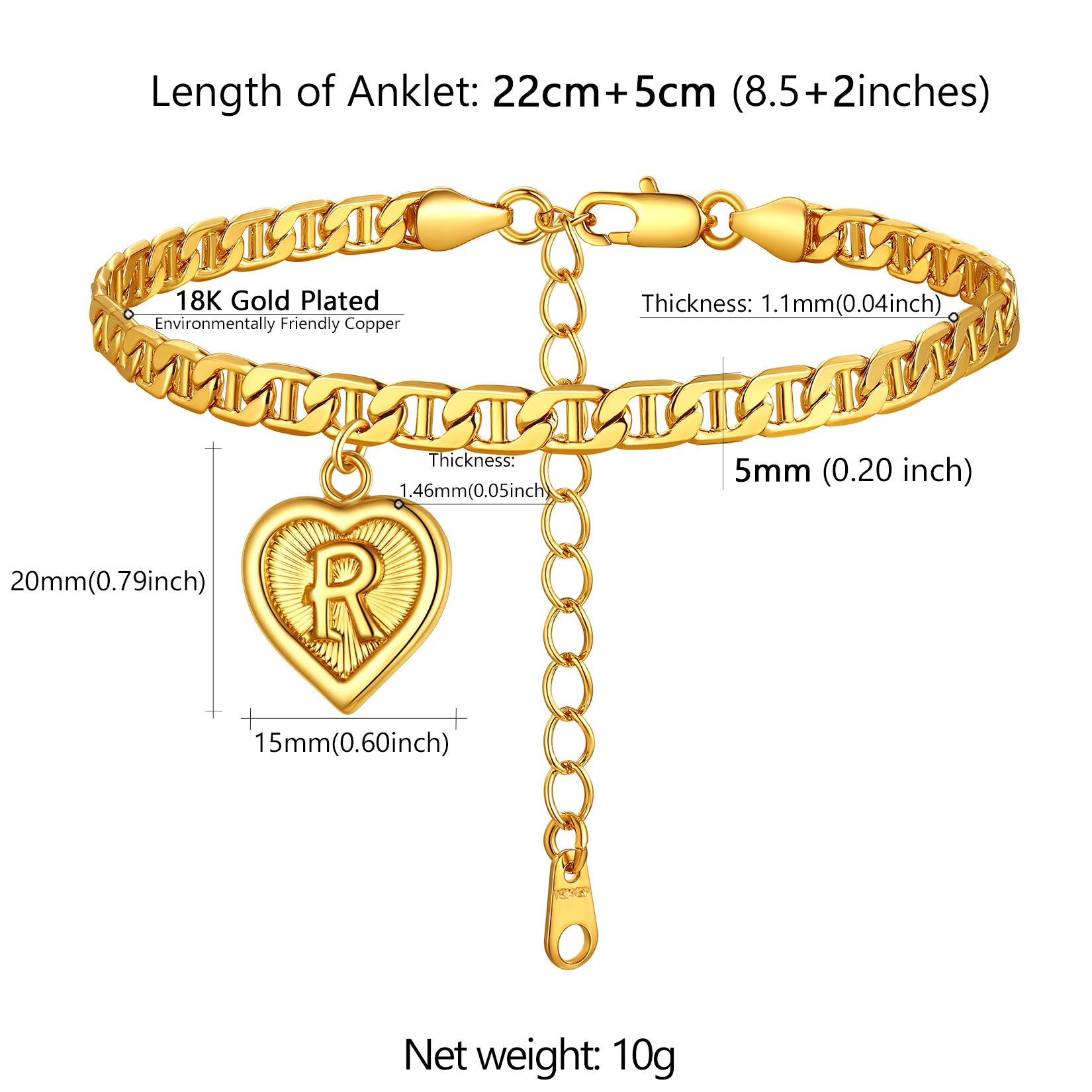  18K Gold Plated Initial Heart Bracelet Anklet for Women