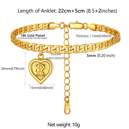  18K Gold Plated Initial Heart Bracelet Anklet for Women