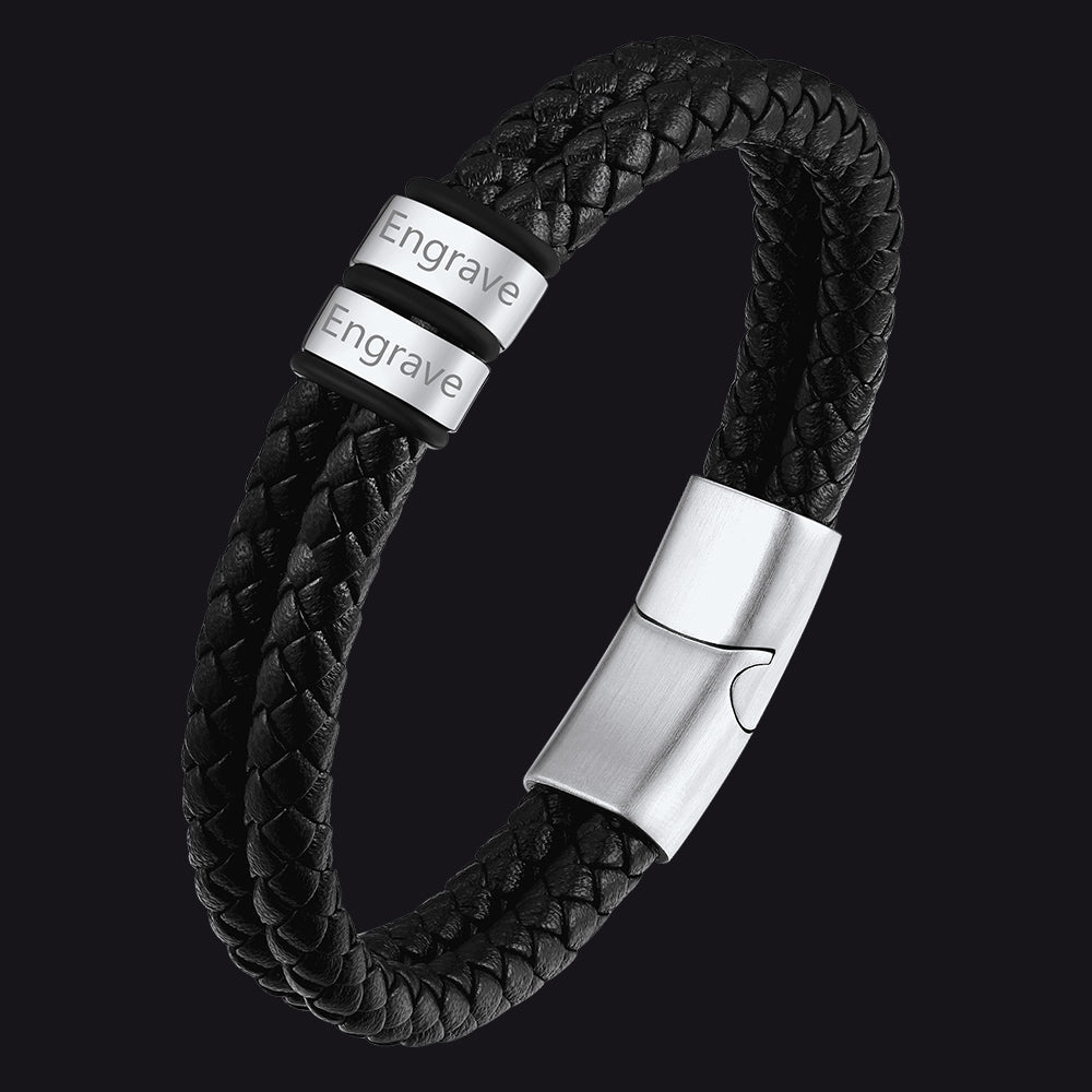 Engraving Name Braided Leather Bracelet 1-5 Beaded Gift for Men Dad  Steel / 2 Beads / 23cm